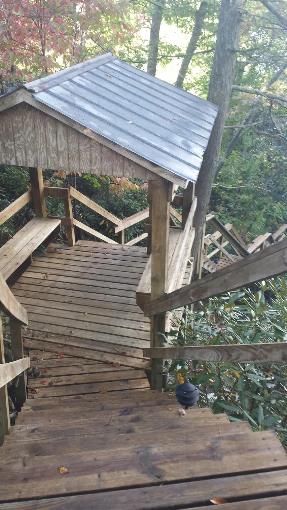 Metal roofed shelter over wooden steps on a wooded walkway — Skylight Repair & Installation work by our crew in Olsburg